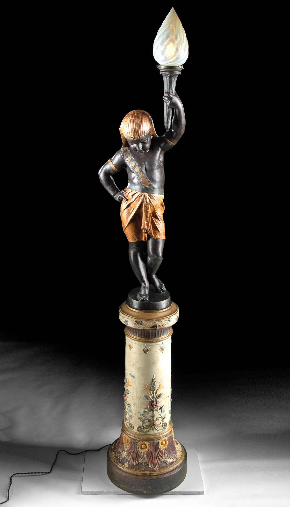 Lot 259, Auction 8/25/2022: 19th C. French Iron Torchiere of Egyptian Boy  on Column
